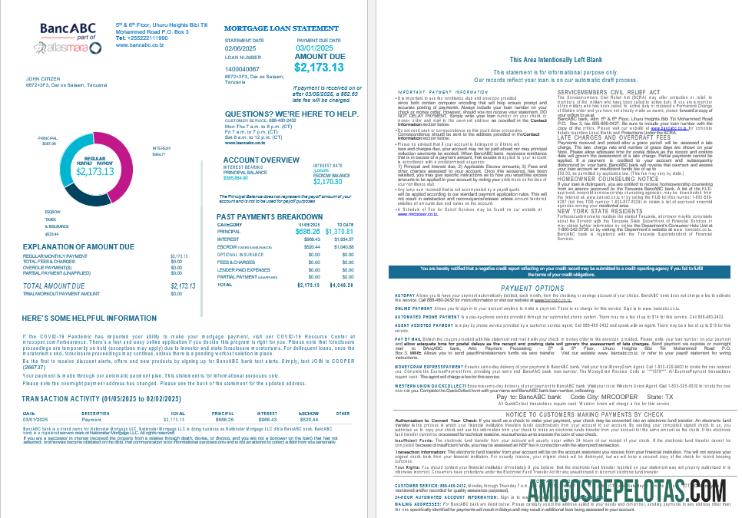 Extrato de empréstimo hipotecário do Banco BancABC da Tanzânia em formatos Word e PDF, 4 páginas 1 2 exemplo